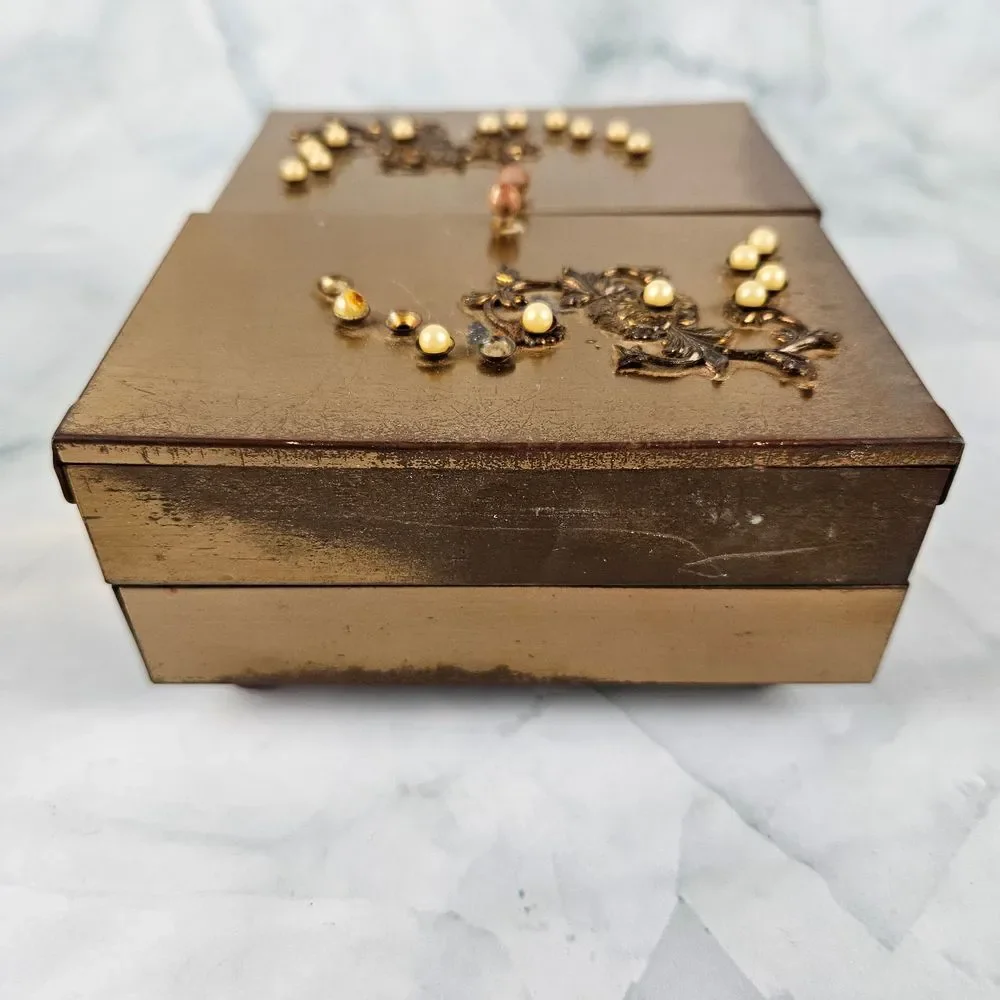 Vintage‎ metal trinket jewelry box velvet lined pearl inlay art deco accordion